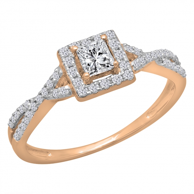 0.50 Carat (ctw) 10K Rose Gold Princess & Round Diamond Ladies Swirl Split Shank Bridal Halo Style Engagement Ring 1/2 CT