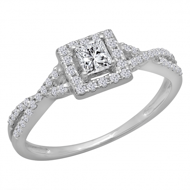 0.50 Carat (ctw) 18K White Gold Princess & Round Diamond Ladies Swirl Split Shank Bridal Halo Style Engagement Ring 1/2 CT