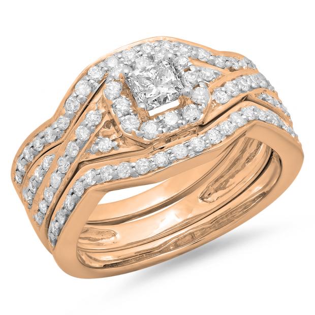 1.25 Carat (ctw) 14K Rose Gold Princess & Round Cut Diamond Ladies Swirl Split Shank Bridal Halo Engagement Ring With Matching Bands 3 pcs Set 1 1/4 CT
