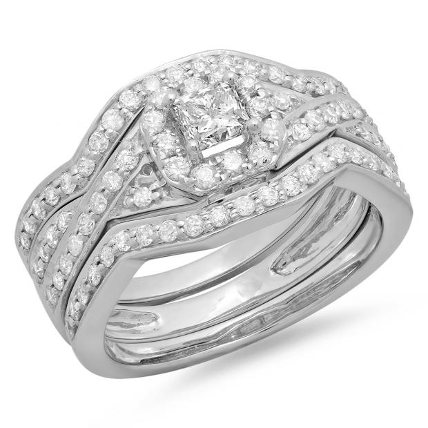 1.25 Carat (ctw) 14K White Gold Princess & Round Cut Diamond Ladies Swirl Split Shank Bridal Halo Engagement Ring With Matching Bands 3 pcs Set 1 1/4 CT