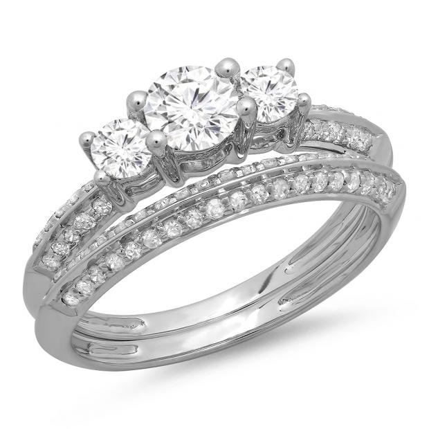 1.05 Carat (ctw) 14K White Gold Round Cut Diamond Ladies 3 Stone Bridal Engagement Ring With Matching Band Set 1 CT