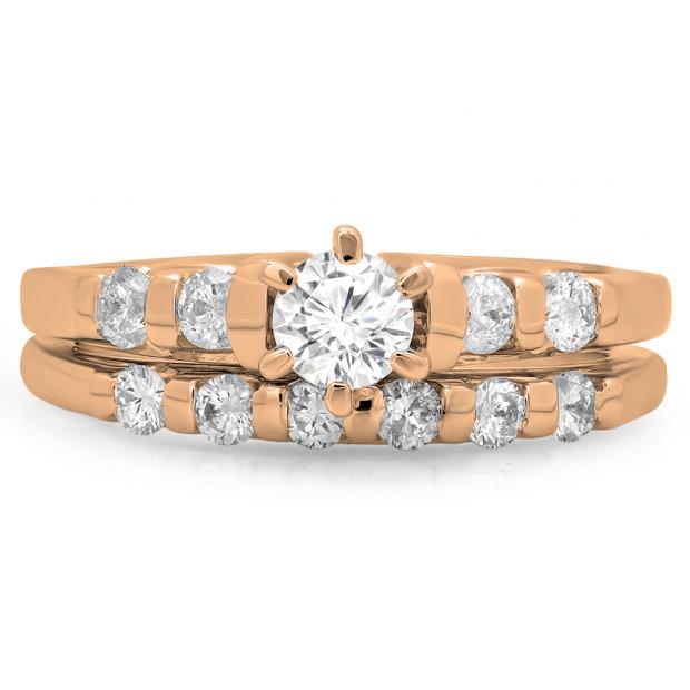 1.00 Carat (ctw) 10K Rose Gold Round Cut Diamond Ladies Bridal Solitaire With Accents Engagement Ring Matching Band Set 1 CT