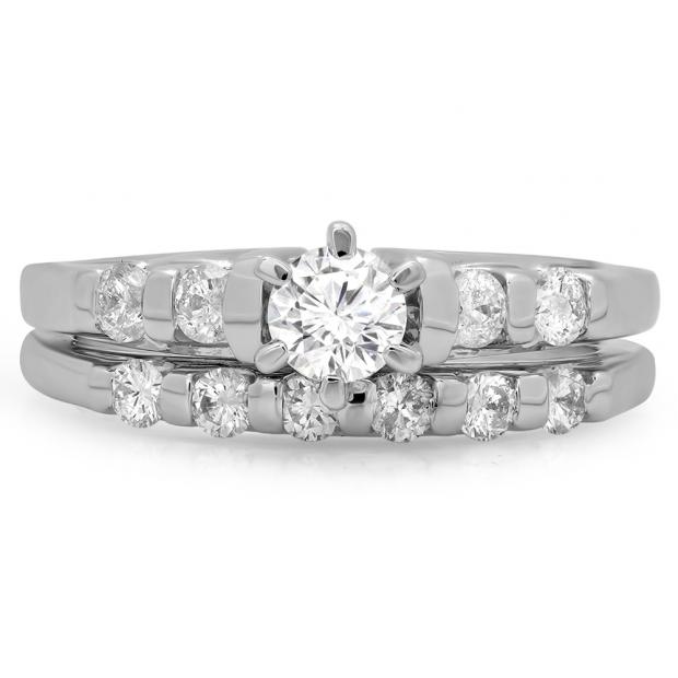 1.00 Carat (ctw) 10K White Gold Round Cut Diamond Ladies Bridal Solitaire With Accents Engagement Ring Matching Band Set 1 CT
