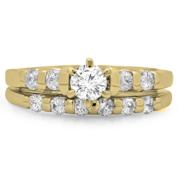 1.00 Carat (ctw) 10K Yellow Gold Round Cut Diamond Ladies Bridal Solitaire With Accents Engagement Ring Matching Band Set 1 CT