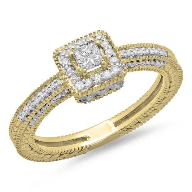 0.60 Carat (ctw) 10K Yellow Gold Princess & Round Cut Diamond Ladies Bridal Vintage Halo Style Engagement Ring