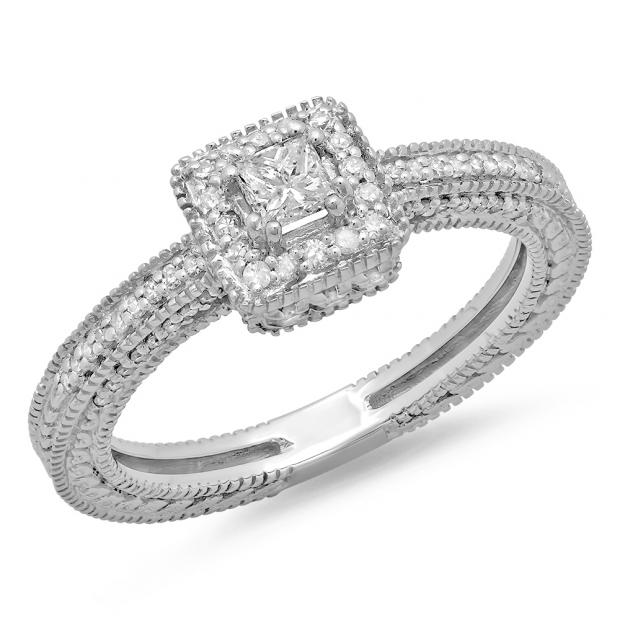 0.60 Carat (ctw) 14K White Gold Princess & Round Cut Diamond Ladies Bridal Vintage Halo Style Engagement Ring