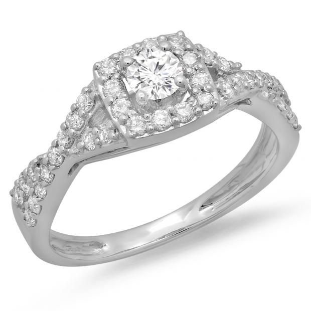 0.75 Carat (ctw) 10K White Gold Round Cut Diamond Ladies Bridal Swirl Split Shank Halo Engagement Ring 3/4 CT