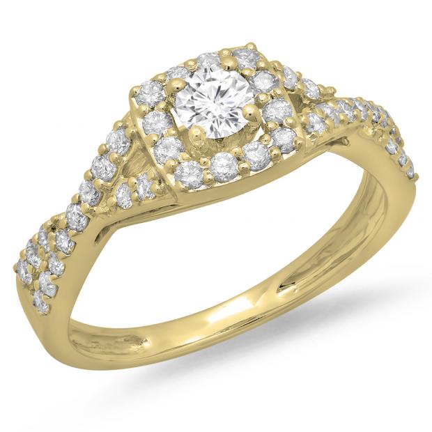 0.75 Carat (ctw) 10K Yellow Gold Round Cut Diamond Ladies Bridal Swirl Split Shank Halo Engagement Ring 3/4 CT