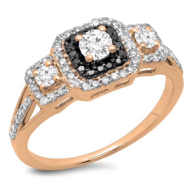 0.70 Carat (ctw) 10K Rose Gold Round Cut Black & White Diamond Ladies Bridal Cluster 3 Stone Halo Engagement Ring 3/4 CT