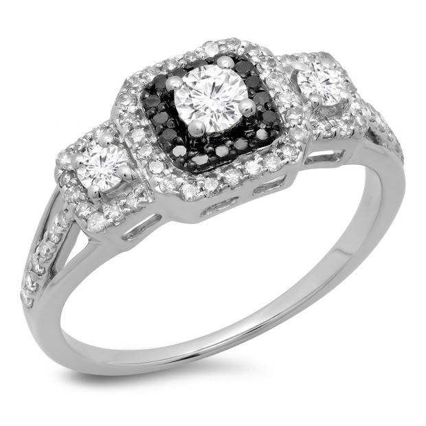 0.70 Carat (ctw) 14K White Gold Round Cut Black & White Diamond Ladies Bridal Cluster 3 Stone Halo Engagement Ring 3/4 CT