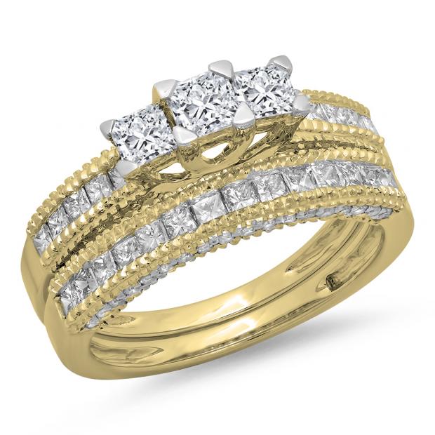 1.65 Carat (ctw) 10K Yellow Gold Princess & Round Cut Diamond Ladies Bridal 3 Stone Engagement Ring With Matching Band Set