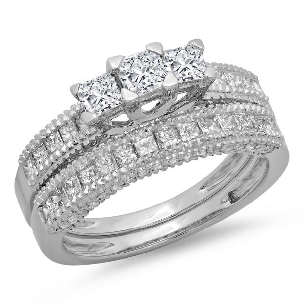 1.65 Carat (ctw) 14K White Gold Princess & Round Cut Diamond Ladies Bridal 3 Stone Engagement Ring With Matching Band Set