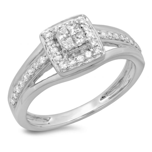 0.45 Carat (ctw) 10K White Gold Princess & Round Cut Diamond Ladies Split Shank Bridal Engagement Ring 1/2 CT