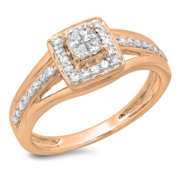0.45 Carat (ctw) 14K Rose Gold Princess & Round Cut Diamond Ladies Split Shank Bridal Engagement Ring 1/2 CT