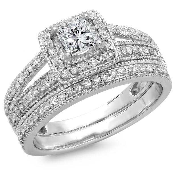 1.00 Carat (ctw) 14K White Gold Princess & Round Cut Diamond Ladies Split Shank Halo Bridal Engagement Ring With Matching Band Set 1 CT