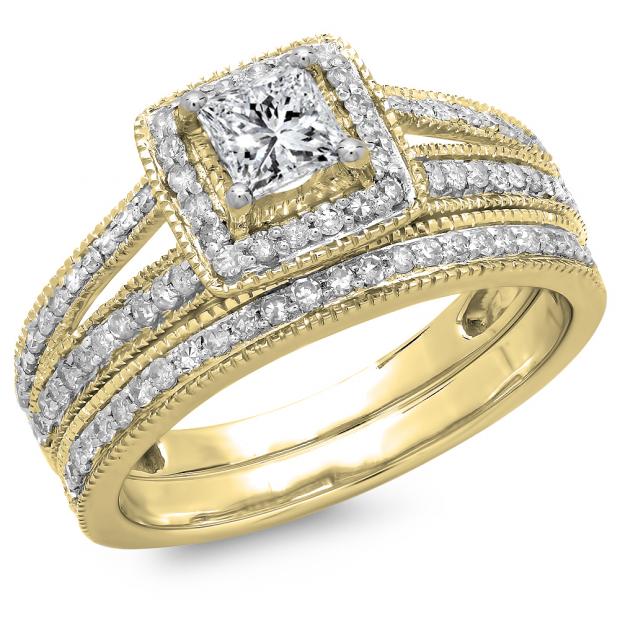 1.00 Carat (ctw) 14K Yellow Gold Princess & Round Cut Diamond Ladies Split Shank Halo Bridal Engagement Ring With Matching Band Set 1 CT