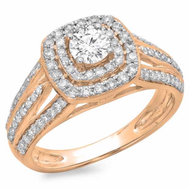 1.10 Carat (ctw) 14K Rose Gold Round Cut Diamond Ladies Split Shank Vintage Style Bridal Halo Engagement Ring 1 CT