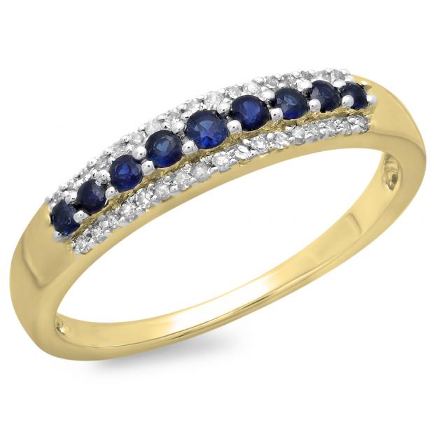 0.30 Carat (ctw) 10K Yellow Gold Round Blue Sapphire & White Diamond Ladies Anniversary Wedding Band Stackable Ring 1/3 CT