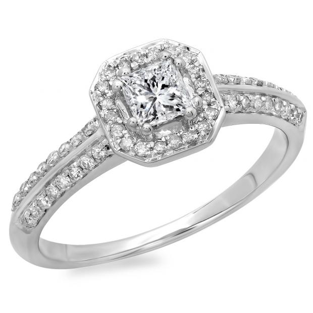 0.65 Carat (ctw) 14K White Gold Princess & Round Cut Diamond Ladies Bridal Halo Engagement Ring