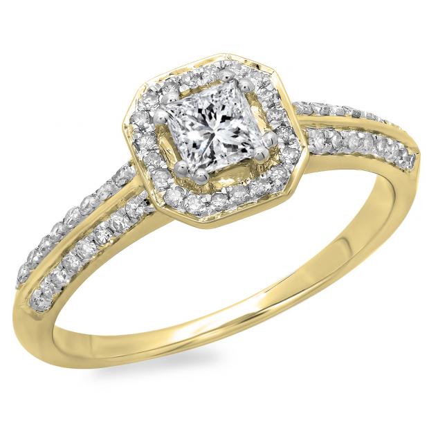 0.65 Carat (ctw) 14K Yellow Gold Princess & Round Cut Diamond Ladies Bridal Halo Engagement Ring