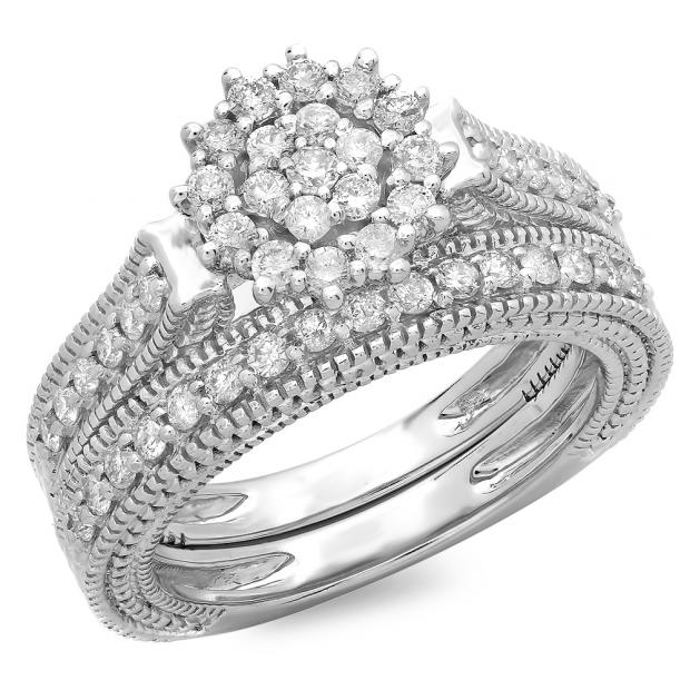 0.85 Carat (ctw) 10K White Gold Round Cut Diamond Ladies Vintage Style Bridal Cluster Engagement Ring With Matching Band Set