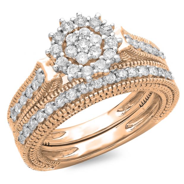 0.85 Carat (ctw) 14K Rose Gold Round Cut Diamond Ladies Vintage Style Bridal Cluster Engagement Ring With Matching Band Set
