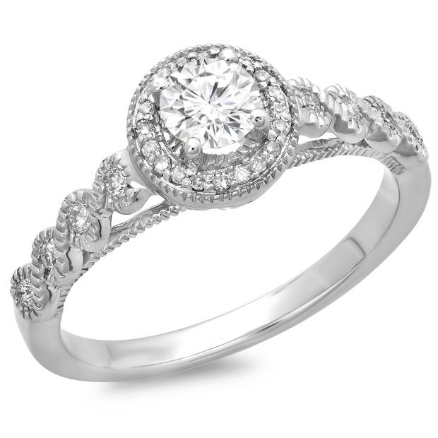 0.55 Carat (ctw) 10K White Gold Round Cut Diamond Ladies Bridal Vintage & Antique Milgrain Halo Style Engagement Ring 1/2 CT