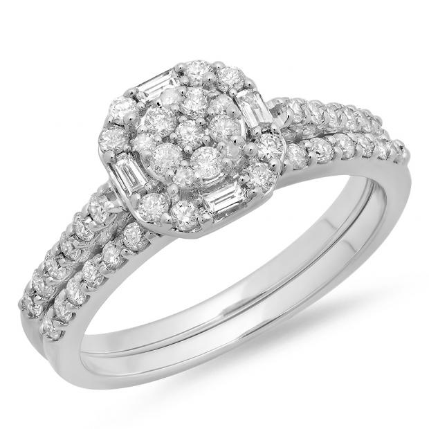0.80 Carat (ctw) 10K White Gold Round & Baguette Cut Diamond Ladies Cluster Bridal Engagement Ring With Matching Band Set 3/4 CT