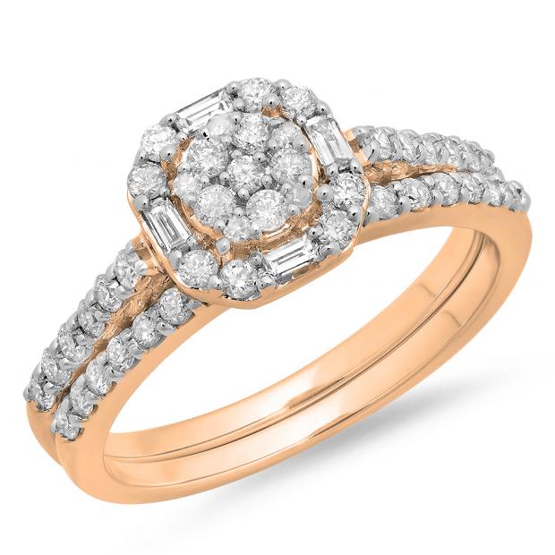 0.80 Carat (ctw) 14K Rose Gold Round & Baguette Cut Diamond Ladies Cluster Bridal Engagement Ring With Matching Band Set 3/4 CT