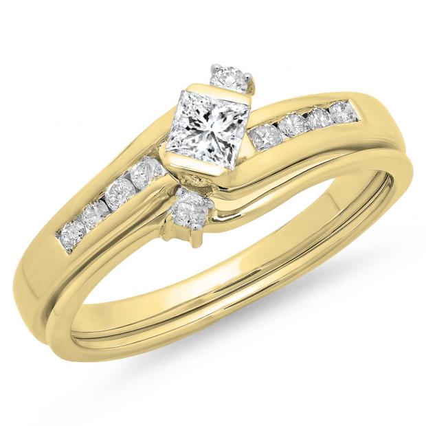 0.60 Carat (ctw) 10K Yellow Gold Princess & Round Cut Diamond Ladies Bridal Swirl Engagement Ring With Matching Band Set