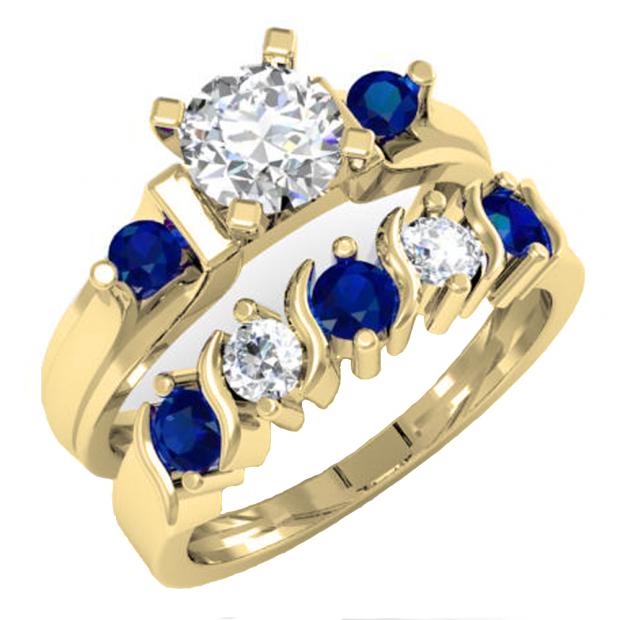 1.85 Carat (ctw) 10K Yellow Gold Round Blue & White Sapphire Ladies 3 Stone Bridal Engagement Ring Matching Band Set