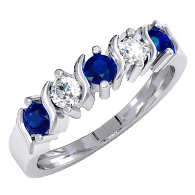 0.80 Carat (ctw) 14K White Gold Round Blue & White Sapphire Ladies 5 Stone Bridal Anniversary Wedding Band 3/4 CT