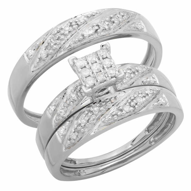 Round White Diamond Square Shape Head Matching Wedding Trio Ring Set for Him & Her (0.33 ctw, Color I-J, Clarity I2-I3) in 10K White Gold