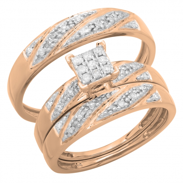 Round White Diamond Square Shape Head Matching Wedding Trio Ring Set for Him & Her (0.33 ctw, Color I-J, Clarity I1-I2) in 14K Rose Gold