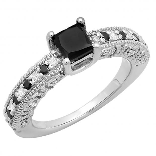 1.40 Carat (ctw) Sterling Silver Princess & Round Cut Black & White Diamond Ladies Bridal Vintage Style Engagement Ring