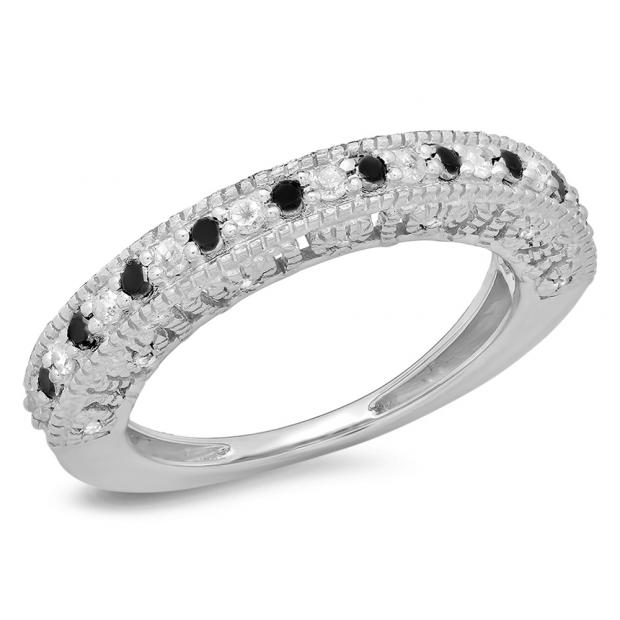 0.40 Carat (ctw) Sterling Silver Round Black & White Diamond Ladies Milgrain Style Anniversary Wedding Band