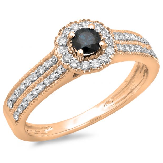 0.50 Carat (ctw) 14K Rose Gold Round Blue & White Diamond Ladies Bridal Halo Style Cluster Engagement Ring 1/2 CT