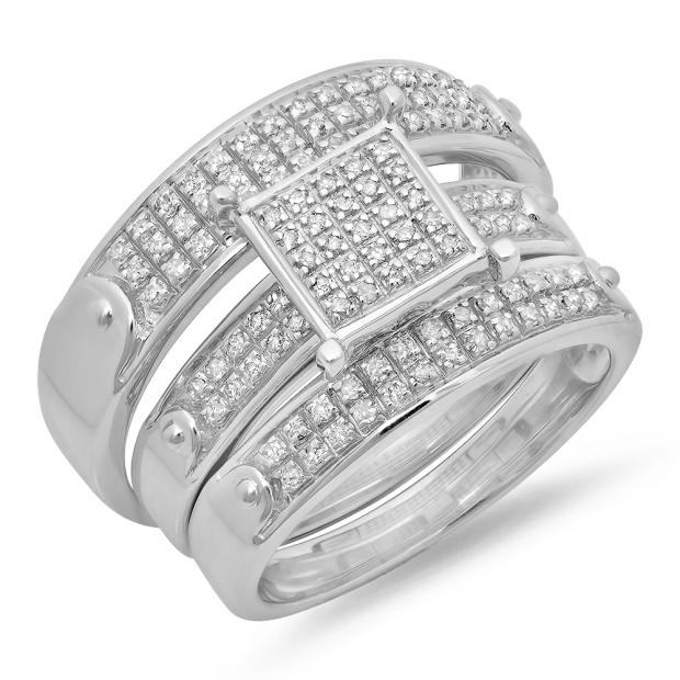 0.40 Carat (ctw) Sterling Silver Round White Diamond Men & Womens Micro Pave Engagement Ring Trio Bridal Set