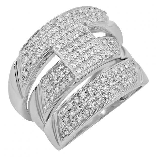 0.65 Carat (ctw) Sterling Silver Round White Diamond Men & Womens Micro Pave Engagement Ring Trio Bridal Set