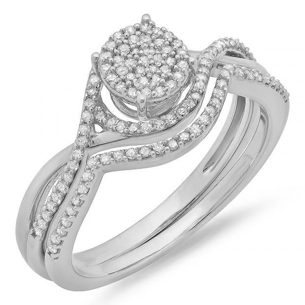 0.33 Carat (ctw) Sterling Silver Round White Diamond Ladies Micro Pave Twisted Split Shank Engagement Ring Set 1/3 CT