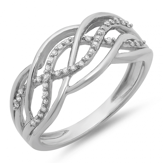 0.10 Carat (ctw) Sterling Silver Round White Diamond Ladies Swirl Cocktail Right Hand Ring 1/10 CT