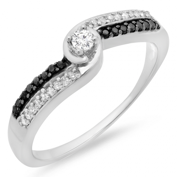 0.26 Carat (ctw) Sterling Silver Round White & Black Diamond Ladies Swirl Twisted Promise Engagement Bridal Ring 1/4 CT