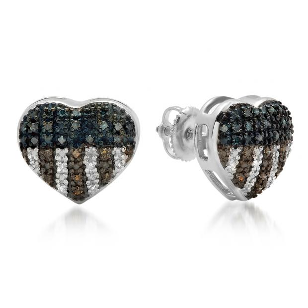 0.33 Carat (ctw) Sterling Silver Round White Blue & Champagne Diamond Ladies Heart Shape Fashion Earrings 1/3 CT