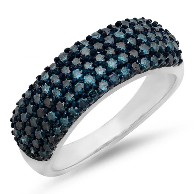 1.00 Carat (ctw) Sterling Silver Round Blue Diamond Ladies Wedding Anniversary Band Ring 1 CT