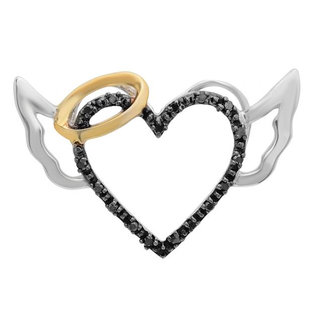 0.05 Carat (ctw) Sterling Silver Round Black Diamond Two Tone Heart Ladies Angel Pendant