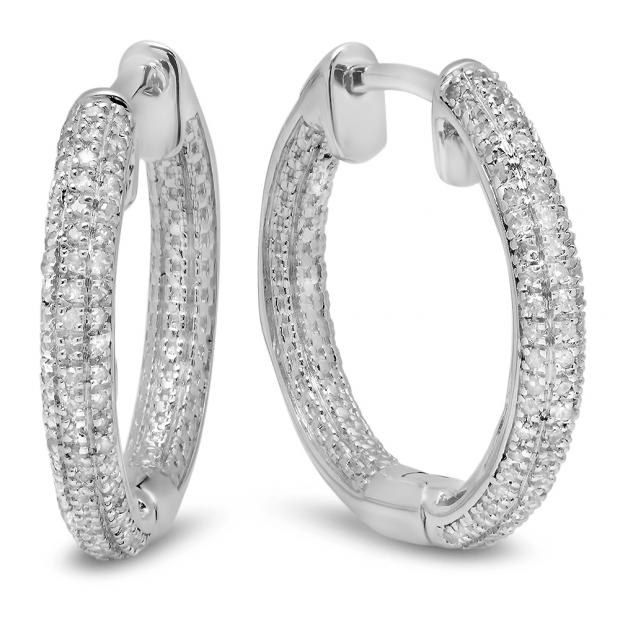 0.44 Carat (ctw) Sterling Silver Round White Diamond Ladies Micro Pave Hoop Earrings