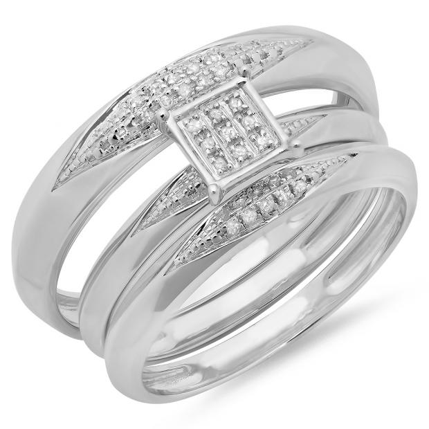 0.06 Carat (ctw) Sterling Silver Round White Diamond Men & Womens Micro Pave Engagement Ring Trio Bridal Set