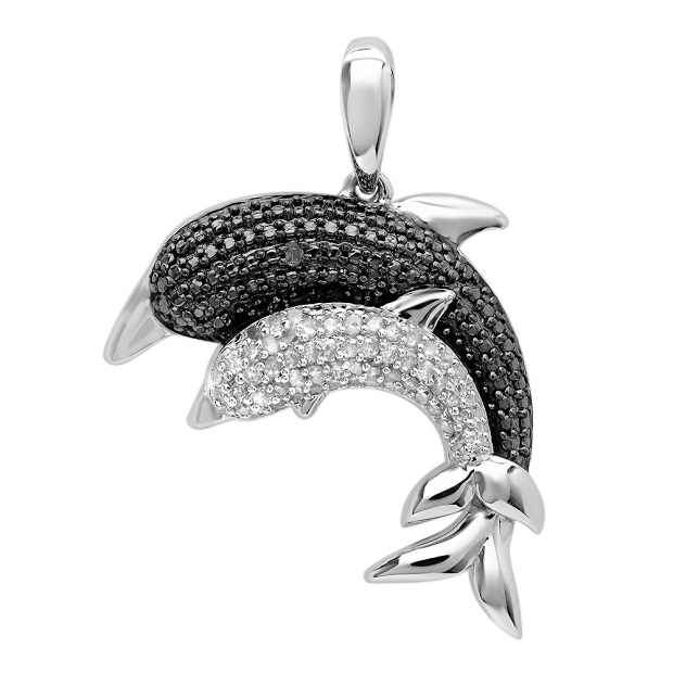 0.12 Carat (ctw) Sterling Silver White & Black Diamond Ladies Double Dolphin Pendant