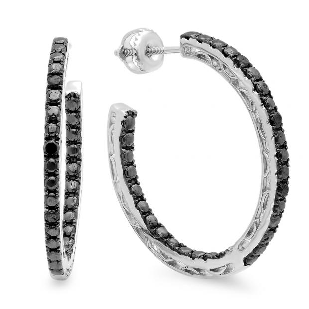 0.12 Carat (ctw) Sterling Silver Round Black Diamond Fine In And Out Hoop Earrings