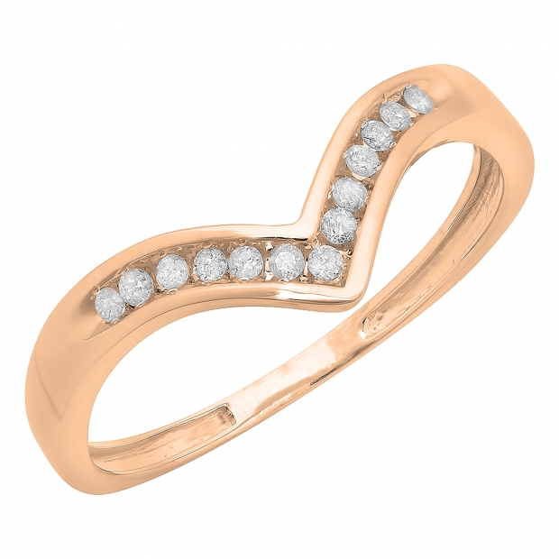 0.10 Carat (ctw) 14K Rose Gold White Round Real Diamond Wedding Stackable Band Anniversary Guard Chevron Ring 1/10 CT